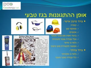 ‫אופן ההתגוננות בגז טבעי‬
                    ‫‪ ‬ציוד מיגון אישי:‬
                             ‫קסדה‬    ‫‪‬‬
                        ‫משקפי מגן‬    ‫‪‬‬
                           ‫אטמים‬     ‫‪‬‬
         ‫ביגוד חסין אש אנטי סטטי‬     ‫‪‬‬
           ‫נעלי עבודה אנטי סטטיות‬    ‫‪‬‬
                      ‫גלאי גז אישי‬   ‫‪‬‬
         ‫אמצעי תקשורת מוגן פיצוץ‬     ‫‪‬‬

                          ‫‪ ‬ציוד צוותי:‬
                   ‫גלאי גז אקטיבי‬    ‫‪‬‬
             ‫כלי עבודה מוגני פיצוץ‬   ‫‪‬‬
 