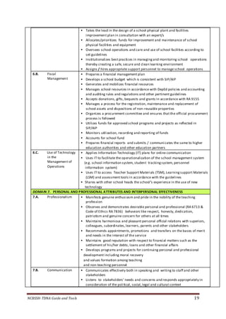 NCBSSH-TDNA Guide and Tools 19
 Takes the lead in the design of a school physical plant and facilities
improvement plan in consultation with an expert/s
 Allocates/prioritizes funds for improvement and maintenance of school
physical facilities and equipment
 Oversees school operations and care and use of school facilities according to
set guidelines
 Institutionalizes best practices in managingand monitoring school operations
thereby creating a safe, secure and clean learning environment
 Assigns / hires appropriate support personnel to manage school operations
6.B. Fiscal
Management
 Prepares a financial management plan
 Develops a school budget which is consistent with SIP/AIP
 Generates and mobilizes financial resources
 Manages school resources in accordance with DepEd policies and accounting
and auditing rules and regulations and other pertinent guidelines
 Accepts donations, gifts, bequests and grants in accordance with RA 9155
 Manages a process for the registration, maintenance and replacement of
school assets and dispositions of non-reusable properties
 Organizes a procurement committee and ensures that the official procurement
process is followed
 Utilizes funds for approved school programs and projects as reflected in
SIP/AIP
 Monitors utilization, recording and reporting of funds
 Accounts for school fund
 Prepares financial reports and submits / communicates the same to higher
education authorities and other education partners
6.C. Use of Technology
in the
Management of
Operations
 Applies Information Technology (IT) plans for online communication
 Uses IT to facilitate the operationalization of the school management system
(e.g. school information system, student trackingsystem, personnel
information system)
 Uses IT to access Teacher Support Materials (TSM), Learningsupport Materials
(LSM) and assessment tools in accordance with the guidelines
 Shares with other school heads the school’s experience in the use of new
technology
DOMAIN 7. PERSONAL AND PROFESSIONAL ATTRIBUTES AND INTERPERSONAL EFFECTIVENESS
7.A. Professionalism  Manifests genuine enthusiasm and pride in the nobility of the teaching
profession
 Observes and demonstrates desirable personal and professional (RA 6713 &
Code of Ethics RA 7836) behaviors like respect, honesty, dedication,
patriotism and genuine concern for others at all times
 Maintains harmonious and pleasant personal official relations with superiors,
colleagues, subordinates,learners, parents and other stakeholders
 Recommends appointments, promotions and transfers on the bases of merit
and needs in the interest of the service
 Maintains good reputation with respect to financial matters such as the
settlement of his/her debts, loans and other financial affairs
 Develops programs and projects for continuing personal and professional
development including moral recovery
and values formation among teaching
and non-teaching personnel
7.B. Communication  Communicates effectively both in speaking and writing to staff and other
stakeholders
 Listens to stakeholders’ needs and concerns and responds appropriately in
consideration of the political, social,legal and cultural context
 