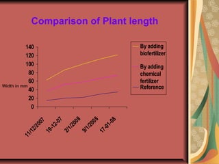 0
20
40
60
80
100
120
140
11/12/2007
19-12-07
2/1/2008
9/1/2008
17-01-08
By adding
biofertilizer
By adding
chemical
fertilizer
Reference
Comparison of Plant length
Width in mm
 