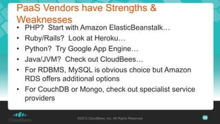 PaaS Vendors have Strengths &
Weaknesses
• PHP? Start with Amazon ElasticBeanstalk…
• Ruby/Rails? Look at Heroku…
• Python? Try Google App Engine…
• Java/JVM? Check out CloudBees…
• For RDBMS, MySQL is obvious choice but Amazon
  RDS offers additional options
• For CouchDB or Mongo, check out specialist service
  providers

                 ©2012 CloudBees, Inc. All Rights Reserved   34
 