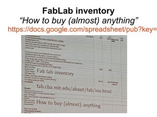 FabLab inventory
“How to buy (almost) anything”
https://docs.google.com/spreadsheet/pub?key=
 