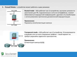 5.  Firewall	
  Modes	
  –	
  устройство	
  может	
  работать	
  в	
  двух	
  режимах:	
  
Routed	
  mode	
  –	
  ASA	
  работает	
  как	
  L3-­‐устройство,	
  выступая	
  шлюзом	
  по	
  	
  	
  
умолчанию	
  для	
  ПК,	
  подключенных	
  в	
  сети	
  ее	
  интерфейсов,	
  и	
  может	
  
обмениваться	
  маршрутной	
  информацией	
  с	
  другими	
  L3-­‐устройствами	
  
с	
  использованием	
  протоколов	
  динамической	
  маршрутизации.	
  
	
  
Применение:	
  
Периметр	
  сети/Сегментация	
  кампуса	
  
Transparent	
  mode	
  –	
  ASA	
  работает	
  как	
  L2-­‐устройство.	
  Устанавливается	
  
в	
  разрыве	
  сети	
  на	
  пути	
  следования	
  трафика	
  –	
  такой	
  вариант	
  не	
  
требует	
  редизайна	
  адресного	
  пространства.	
  
	
  
Применение:	
  
Сегментация	
  кампуса/ЦОД	
  
 