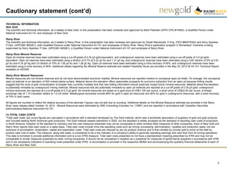 Cautionary statement (cont’d)
3
TECHNICAL INFORMATION
New Gold
The scientific and technical information, as it relates to New Gold, in this presentation has been reviewed and approved by Mark Petersen (AIPG CPG #10563), a Qualified Person under
National Instrument 43-101 and employee of New Gold.
Rainy River
The scientific and technical information, as it relates to Rainy River, in this presentation has been reviewed and approved by Garett Macdonald, P.Eng. (PEO #90475344) and Kerry Sparkes,
P.Geo. (APEGBC #25261), both Qualified Persons under National Instrument 43-101 and employees of Rainy River. Rainy River's exploration program in Richardson Township is being
supervised by Kerry Sparkes, P.Geo. (APEGBC #25261), a Qualified Person under National Instrument 43-101 and employee of Rainy River.
Rainy River Mineral Reserves
Open pit mineral reserves have been estimated using a cut-off grade of 0.30 g/t gold-equivalent, and underground reserves have been estimated using a cut-off grade of 3.5 g/t gold-
equivalent. Open pit reserves have been estimated using a dilution of 9.7% at 0.22 g/t Au and 1.31 g/t Ag, and underground reserves have been estimated using a CAF dilution of 9% at 0.61
g/t Au and 4.16 g/t Ag and LH dilution of 10% at 1.56 g/t Au and 1.28 g/t Ag. Open pit reserves have been estimated using a mine recovery of 95%, and underground reserves have been
estimated using a mine recovery of 95%. Additional details regarding the Mineral Reserve estimate and related Feasibility Study are provided in the May 23, 2013 NI 43-101 Technical Report
available on SEDAR.
Rainy River Mineral Resources
Mineral resources are not mineral reserves and do not have demonstrated economic viability. Mineral resources are reported relative to conceptual open pit shells. On average, the conceptual
open pit extends to an elevation of 500 metres below surface. Material above this elevation offers reasonable prospects for economic extraction from an open pit because drilling results
suggest that the zone of gold mineralization is broader than currently modeled and that new drilling information should positively impact future mineral resources. Material below this elevation
is potentially mineable by underground mining methods. Mineral resources that are potentially mineable by open pit methods are reported at a cut-off grade of 0.35 g/t gold; underground
mineral resources are reported at a cut-off grade of 2.5 g/t gold. All mineral resources are based on a gold price of US$1,100 per ounce, a silver price of US$22.50 per ounce, a foreign
exchange rate of 1.10 Canadian dollars to 1.0 US dollar. Metallurgical recoveries include 88% for gold in open pit resources and 90% for gold in underground resources, with a silver recovery
of 75% in both cases.
All figures are rounded to reflect the relative accuracy of the estimate. Figures may not add due to rounding. Additional details on the Mineral Resource estimate are provided in the Rainy
River news release dated October 10, 2012. Mineral Resources were estimated by SRK Consulting (Canada) Inc. (“SRK”) and are reported in accordance with Canadian Securities
Administrators National Instrument 43-101.
(1) TOTAL CASH COSTS
“Total cash costs” per ounce figures are calculated in accordance with a standard developed by The Gold Institute, which was a worldwide association of suppliers of gold and gold products
and included leading North American gold producers. The Gold Institute ceased operations in 2002, but the standard is widely accepted as the standard of reporting cash costs of production
in North America. Adoption of the standard is voluntary and the cost measures presented may not be comparable to other similarly titled measures of other companies. Each of New Gold and
Rainy River reports total cash costs on a sales basis. Total cash costs include mine site operating costs such as mining, processing, administration, royalties and production taxes, but are
exclusive of amortization, reclamation, capital and exploration costs. Total cash costs are reduced by any by-product revenue and is then divided by ounces sold to arrive at the total by-
product cash cost of sales. The measure, along with sales, is considered to be a key indicator of a company’s ability to generate operating earnings and cash flow from its mining operations.
This data is furnished to provide additional information and is a non-IFRS measure. Total cash costs presented do not have a standardized meaning prescribed by IFRS and may not be
comparable to similar measures presented by other mining companies. It should not be considered in isolation as a substitute for measures of performance prepared in accordance with IFRS
and is not necessarily indicative of operating costs presented under IFRS. A reconciliation is provided in the respective MD&A and accompanying the quarterly financial statements of each of
Rainy River and New Gold.
 