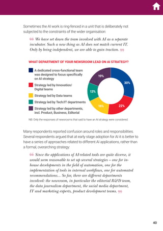 Sometimes the AI work is ring-fenced in a unit that is deliberately not
subjected to the constraints of the wider organisation:
We have set down the team involved with AI as a separate
incubator. Such a new thing as AI does not match current IT.
Only by being independent, we are able to gain traction.
WHAT DEPARTMENT OF YOUR NEWSROOM LEAD ON AI STRATEGY?
30%
22%16%
13%
19%
A dedicated cross-functional team
was designed to focus specifically
on AI strategy
Strategy led by Innovation/
Digital teams
Strategy led by Data teams
Strategy led by Tech/IT departments
Strategy led by other departments,
incl. Product, Business, Editorial
NB: Only the responses of newsrooms that said to have an AI strategy were considered.
Many respondents reported confusion around roles and responsibilities.
Several respondents argued that at early stage adoption for AI it is better to
have a series of approaches related to different AI applications, rather than
a formal, overarching strategy:
Since the applications of AI-related tools are quite diverse, it
would seem reasonable to set up several strategies – one for in-
house developments in the field of automation, one for the
implementation of tools in internal workflows, one for automated
recommendations... So far, there are different departments
involved: the newsroom, in particular the editorial RD team,
the data journalism department, the social media department,
IT and marketing experts, product development teams.
40
 