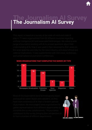 The Journalism AI Survey
This report is based on a survey of the state of mind and state of
play in 71 news organisations from 32 different countries regarding
artificial intelligence (AI) and associated technologies. We asked a wide
range of journalists working with AI to answer questions about their
understanding of AI, how it was used in their newsrooms, their views on
the wider potential and risks for the news industry, and about ethical and
editorial implications. It was supplemented with interviews, workshops,
and conversations at journalism conferences.
NEWS ORGANISATIONS THAT COMPLETED THE SURVEY, BY TYPE
20
15
10
5
0
Newspapers Broadcasters Publishing
Groups
News
Agencies
Magazines Others
21
9
16
14
6
5
Most of the respondents were technologically expert
and could be called ‘digital early adopters’, so they
have more awareness of AI than a random sample
of journalists. We encouraged news organisations to
gather representatives from different departments to
complete the survey collaboratively. 116 journalists
contributed to the survey, bringing their perspective on
AI from a number of different departments.
The Journalism AI Survey
4
 