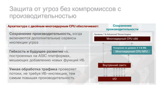 Архитектура с двойным многоядерным CPU обеспечивает:
Защита от угроз без компромиссов с
производительностью
Уровень 7 & Advanced Threat Engine
I/O
Многоядерный CPU x86
Внутренний свитч
Ускорение на уровнях 2-3 & SSL
Многоядерный CPU NPU
Сохранение производительность, когда
включаются дополнительные сервисы
инспекции угроз
Гибкость и будущее развитие vs.
построенных на ASIC платформах,
мешающих добавлению новых функций ИБ
Умная обработка трафика проверяет
потоки, не требуя ИБ-инспекции, тем
самым повышая производительность
Сохранение
производительности
 