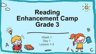 Reading
Enhancement Camp
Grade 3
Week 1
Day 1
Lesson 1-3
 