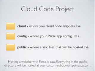 Cloud Code Project
cloud - where you cloud code snippets live
conﬁg - where your Parse app conﬁg lives
public - where static ﬁles that will be hosted live

Hosting a website with Parse is easy. Everything in the public
directory will be hosted at your-custom-subdomain.parseapp.com.

 