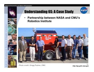 National Aeronautics and Space Administration




                                         Understanding 6S: A Case Study
                                         • Partnership between NASA and CMU’s
                                           Robotics Institute
NASA Goddard Space Flight Center




                                                                                              13
                                   Photo credit: Gregg Podnar, CMU      http://ipp.gsfc.nasa.gov
 