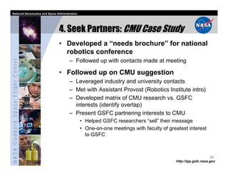 National Aeronautics and Space Administration




                                   4. Seek Partners: CMU Case Study
                                   • Developed a “needs brochure” for national
                                     robotics conference
NASA Goddard Space Flight Center




                                         – Followed up with contacts made at meeting

                                   • Followed up on CMU suggestion
                                         – Leveraged industry and university contacts
                                         – Met with Assistant Provost (Robotics Institute intro)
                                         – Developed matrix of CMU research vs. GSFC
                                           interests (identify overlap)
                                         – Present GSFC partnering interests to CMU
                                                  • Helped GSFC researchers “sell” their message
                                                  • One-on-one meetings with faculty of greatest interest
                                                    to GSFC



                                                                                                                 21
                                                                                           http://ipp.gsfc.nasa.gov
 