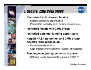 National Aeronautics and Space Administration




                                   5. Secure: CMU Case Study
                                   • Reconnect with relevant faculty
                                         – Explore partnering opportunities
NASA Goddard Space Flight Center




                                         – Partnership feasibility given funding requirements

                                   • Identified match with CMU group
                                   • Identified potential funding opportunity
                                   • Helped NASA personnel and CMU group
                                     develop joint submission
                                         – Formulate collaboration
                                         – Kept progress from becoming “stalled” at obstacles

                                   • Funding won, put agreements in place
                                         – Software usage agreements to protect NASA IP

                                                                                                        23
                                                                                  http://ipp.gsfc.nasa.gov
 