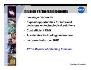 National Aeronautics and Space Administration




                                   Infusion Partnership Benefits
                                   • Leverage resources
                                   • Expand opportunities for informed
NASA Goddard Space Flight Center




                                     decisions on technological solutions
                                   • Cost efficient R&D
                                   • Accelerates technology maturation
                                   • Increased return on R&D


                                        IPP’s Manner of Effecting Infusion



                                                                                               7
                                                                         http://ipp.gsfc.nasa.gov
 