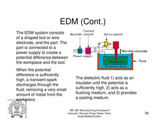 EDM (Cont.)
The EDM system consists
of a shaped tool or wire
electrode, and the part. The
part is connected to a
power supply to create a
potential difference between
the workpiece and the tool.
When the potential
difference is sufficiently
high, a transient spark               The dielectric fluid 1) acts as an
discharges through the                insulator until the potential is
fluid, removing a very small          sufficiently high, 2) acts as a
amount of metal from the              flushing medium, and 3) provides
workpiece.                            a cooling medium.

                                 ME 338: Manufacturing Processes II
                               Instructor: Ramesh Singh; Notes: Profs.     28
                                         Singh/Melkote/Colton
 