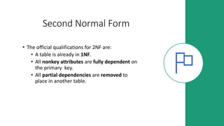 Second Normal Form
• The official qualifications for 2NF are:
• A table is already in 1NF.
• All nonkey attributes are fully dependent on
the primary key.
• All partial dependencies are removed to
place in another table.
 