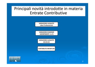 Principali novità introdotte in materia 
Entrate Contributive
VARIAZIONI SCADENZE 
ADEMPIMENTI  (L.P.)
VARIAZIONE ALIQUOTE                     
CO.CO.CO
CONTRIBUTO INFORTUNI
2
VARIAZIONE ALIQUOTE                     
Liberi Professionisti
 