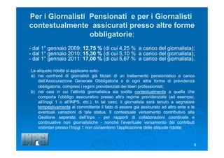 8
Per i Giornalisti Pensionati e per i Giornalisti
contestualmente assicurati presso altre forme
obbligatorie:
- dal 1° gennaio 2009: 12,75 % (di cui 4,25 % a carico del giornalista);
- dal 1° gennaio 2010: 15,30 % (di cui 5,10 % a carico del giornalista);
- dal 1° gennaio 2011: 17,00 % (di cui 5,67 % a carico del giornalista).
Le aliquote ridotte si applicano solo:
a) nei confronti di giornalisti già titolari di un trattamento pensionistico a carico
dell’Assicurazione Generale Obbligatoria o di ogni altra forma di previdenza
obbligatoria, compresi i regimi previdenziali dei liberi professionisti;
b) nei casi in cui l’attività giornalistica sia svolta contestualmente a quella che
comporta l’obbligo assicurativo presso altro regime previdenziale (ad esempio,
all’Inpgi 1 o all’INPS, etc.). In tal caso, il giornalista sarà tenuto a segnalare
tempestivamente al committente il fatto di essere già assicurato ad altro ente e le
eventuali variazioni di tale status. Il contestuale versamento contributivo alla
Gestione separata dell’Inps - per rapporti di collaborazioni coordinate e
continuative non giornalistiche - nonché l’eventuale versamento dei contributi
volontari presso l’Inpgi 1 non consentono l’applicazione delle aliquote ridotte.
 