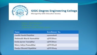 Name Enrollment No.
Gandhi Harshil Rajubhai 141100106018
Deshmukh Bhavik Hasmukhlal 15DTOD002
Kotila Jayveer Vanrajbhai 15DTOD007
Mistry Aditya Pramodbhai 15DTOD008
Pandya Dhrumil Dipakbhai 15DTOD009
Subject:- Fluid Mechanics
Subject code:- 2130602
Guided by:- Asst.Prof.Nilesh Rathod
1 1
 