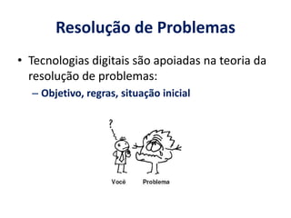 Resolução de Problemas 
• Tecnologias digitais são apoiadas na teoria da 
resolução de problemas: 
– Objetivo, regras, situação inicial 
 