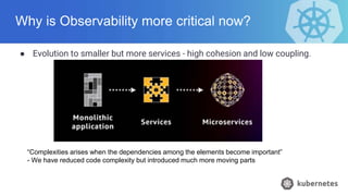 Why is Observability more critical now?
● Evolution to smaller but more services - high cohesion and low coupling.
“Complexities arises when the dependencies among the elements become important”
- We have reduced code complexity but introduced much more moving parts
 