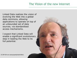 The Vision of the new Internet


   Linked Data realizes the vision of
   evolving the Web into a global
   data commons, allowing
   applications to operate on top of
   an unbounded set of data
   sources, via standardised
   access mechanisms.

   I expect that Linked Data will
   enable a significant evolutionary
   step in leading the Web to its
   full potential.




CC-BY-SA von campuspartybrasil (flickr)
                                                                           36
 