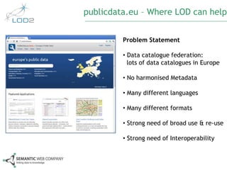 publicdata.eu – Where LOD can help


                                  Problem Statement

                                  • Data catalogue federation:
                                    lots of data catalogues in Europe

                                  • No harmonised Metadata

                                  • Many different languages

                                  • Many different formats

                                  • Strong need of broad use & re-use

                                  • Strong need of Interoperability



© Semantic Web Company – http://www.semantic-web.at/             52
 