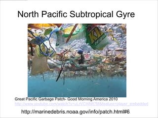 North Pacific Subtropical Gyre




Great Pacific Garbage Patch- Good Morning America 2010
http://www.youtube.com/watch?v=uLrVCI4N67M&feature=player_embedded

   http://marinedebris.noaa.gov/info/patch.html#6
 