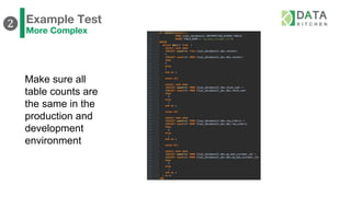 Example Test
More Complex
Make sure all
table counts are
the same in the
production and
development
environment
❷
 