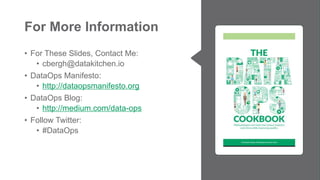 Copyright © 2019 by DataKitchen, Inc. All Rights Reserved.
For More Information
• For These Slides, Contact Me:
• cbergh@datakitchen.io
• DataOps Manifesto:
• http://dataopsmanifesto.org
• DataOps Blog:
• http://medium.com/data-ops
• Follow Twitter:
• #DataOps
 