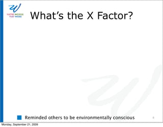 What’s the X Factor?




                Reminded others to be environmentally conscious   8

Monday, September 21, 2009
 