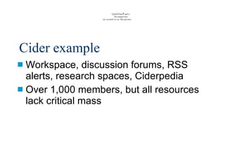 Cider example Workspace, discussion forums, RSS alerts, research spaces, Ciderpedia Over 1,000 members, but all resources lack critical mass 