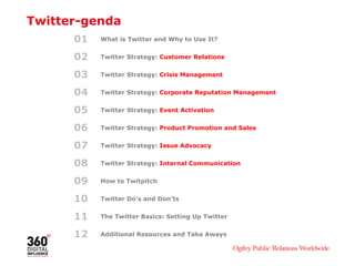 Twitter-genda
      01   What is Twitter and Why to Use It?


      02   Twitter Strategy: Customer Relations


      03   Twitter Strategy: Crisis Management


      04   Twitter Strategy: Corporate Reputation Management


      05   Twitter Strategy: Event Activation


      06   Twitter Strategy: Product Promotion and Sales


      07   Twitter Strategy: Issue Advocacy


      08   Twitter Strategy: Internal Communication


      09   How to Twitpitch


      10   Twitter Do's and Don'ts


      11   The Twitter Basics: Setting Up Twitter


      12   Additional Resources and Take Aways
 