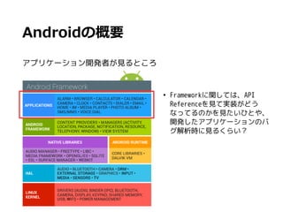 Androidの概要
アプリケーション開発者が見るところ
●
Frameworkに関しては、API
Referenceを見て実装がどう
なってるのかを見たいひとや、
開発したアプリケーションのバ
グ解析時に見るくらい？
 