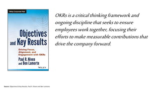 ™
OKRsisacriticalthinkingframeworkand
ongoingdisciplinethatseekstoensure
employeesworktogether,focusingtheir
effortstomakemeasurablecontributionsthat
drivethecompanyforward.
Source: Objectives & Key Results, Paul R. Niven and Ben Lamorte
 