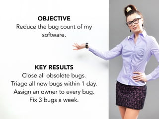 OBJECTIVE
Reduce the bug count of my
software.
KEY RESULTS
Close all obsolete bugs.
Triage all new bugs within 1 day.
Assign an owner to every bug.
Fix 3 bugs a week.
 