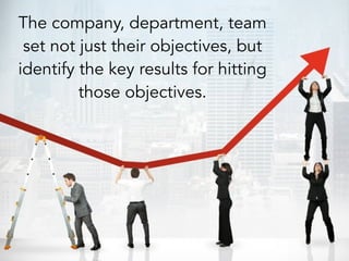 The company, department, team
set not just their objectives, but
identify the key results for hitting
those objectives.
 