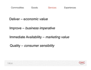 Commodities
   Goods
    Services
   Experiences




 Deliver – economic value

  Improve – business imperative

  Immediate Availability – marketing value

  Quality – consumer sensibility




Value
 