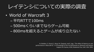 ⾮非同期型/サーバー集中処理理型
•  FPSなど
PlayerA	
  
PlayerB	
  
F1	
   F2	
   F3	
   F4	
   F5	
   F6	
  
Server	
  
F1	
   F2	
   F3	
   F4	
   F5	
   F6	
  
F1	
  
State	
  
F2	
   F3	
   F4	
   F5	
   F6	
  
State	
  
render	
  
render	
  
Snapshot	
  
State	
  
State	
  
render	
  
render	
  
Snapshot	
  
サーバーは⾃自分のペースで次のフレームの世界のスナップショットを作り、
同じように配る
 