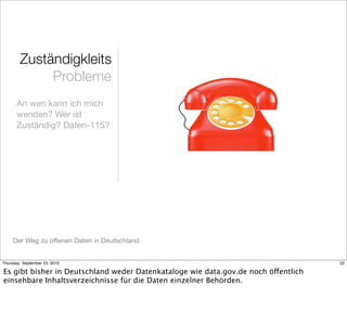 Zuständigkleits
             Probleme
       An wen kann ich mich
       wenden? Wer ist
       Zuständig? Daten-115?




     Der Weg zu offenen Daten in Deutschland.


Thursday, September 23, 2010                                                        22

Es gibt bisher in Deutschland weder Datenkataloge wie data.gov.de noch öffentlich
einsehbare Inhaltsverzeichnisse für die Daten einzelner Behörden.
 