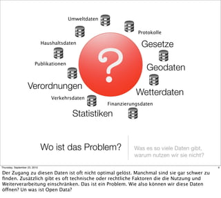 Umweltdaten

                                                                   Protokolle

                               Haushaltsdaten                       Gesetze

                         Publikationen
                                                                      Geodaten

                    Verordnungen
                                                                  Wetterdaten
                                   Verkehrsdaten
                                                       Finanzierungsdaten

                                           Statistiken


                               Wo ist das Problem?               Was es so viele Daten gibt,
                                                                 warum nutzen wir sie nicht?

Thursday, September 23, 2010                                                                   4

Der Zugang zu diesen Daten ist oft nicht optimal gelöst. Manchmal sind sie gar schwer zu
ﬁnden. Zusätzlich gibt es oft technische oder rechtliche Faktoren die die Nutzung und
Weiterverarbeitung einschränken. Das ist ein Problem. Wie also können wir diese Daten
öffnen? Un was ist Open Data?
 