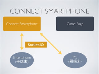 CONNECT SMARTPHONE
•

なぜそうなるか…	

•

HTTP リクエストはステートレス。状態を持たな
い。状態を持たせるためにセッションを用いる。	


•

WebSocket 通信はステートフル。コネクション毎
に個々に状態を保持できる。ブラウザが同じであっ
ても、親端末か子端末か判定可能。

 