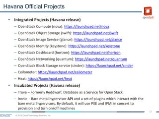 © 2013 Cloud Technology Partners, Inc.
52
• Integrated Projects (Havana release)
– OpenStack Compute (nova): https://launchpad.net/nova
– OpenStack Object Storage (swift): https://launchpad.net/swift
– OpenStack Image Service (glance): https://launchpad.net/glance
– OpenStack Identity (keystone): https://launchpad.net/keystone
– OpenStack Dashboard (horizon): https://launchpad.net/horizon
– OpenStack Networking (quantum): https://launchpad.net/quantum
– OpenStack Block Storage service (cinder): https://launchpad.net/cinder
– Ceilometer: https://launchpad.net/ceilometer
– Heat: https://launchpad.net/heat
• Incubated Projects (Havana release)
– Trove – Formerly Reddwarf, Database as a Service for Open Stack.
– Ironic - Bare metal hypervisor API and a set of plugins which interact with the
bare metal hypervisors. By default, it will use PXE and IPMI in concert to
provision and turn on/off machines
Havana Official Projects
 