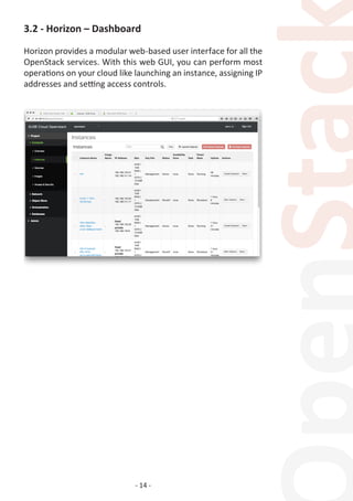 - 14 -
3.2 - Horizon – Dashboard
Horizon provides a modular web-based user interface for all the
OpenStack services. With this web GUI, you can perform most
operations on your cloud like launching an instance, assigning IP
addresses and setting access controls.
 