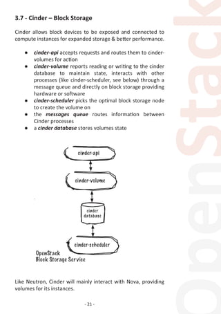 - 21 -
3.7 - Cinder – Block Storage
Cinder allows block devices to be exposed and connected to
compute instances for expanded storage & better performance.
●	 cinder-api accepts requests and routes them to cinder-
volumes for action
●	 cinder-volume reports reading or writing to the cinder
database to maintain state, interacts with other
processes (like cinder-scheduler, see below) through a
message queue and directly on block storage providing
hardware or software
●	 cinder-scheduler picks the optimal block storage node
to create the volume on
●	 the messages queue routes information between
Cinder processes
●	 a cinder database stores volumes state
Like Neutron, Cinder will mainly interact with Nova, providing
volumes for its instances.
 