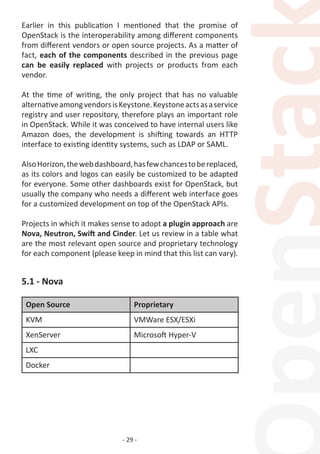 - 29 -
Earlier in this publication I mentioned that the promise of
OpenStack is the interoperability among different components
from different vendors or open source projects. As a matter of
fact, each of the components described in the previous page
can be easily replaced with projects or products from each
vendor.
At the time of writing, the only project that has no valuable
alternativeamongvendorsisKeystone.Keystoneactsasaservice
registry and user repository, therefore plays an important role
in OpenStack. While it was conceived to have internal users like
Amazon does, the development is shifting towards an HTTP
interface to existing identity systems, such as LDAP or SAML.
AlsoHorizon,thewebdashboard,hasfewchancestobereplaced,
as its colors and logos can easily be customized to be adapted
for everyone. Some other dashboards exist for OpenStack, but
usually the company who needs a different web interface goes
for a customized development on top of the OpenStack APIs.
Projects in which it makes sense to adopt a plugin approach are
Nova, Neutron, Swift and Cinder. Let us review in a table what
are the most relevant open source and proprietary technology
for each component (please keep in mind that this list can vary).
5.1 - Nova
Open Source Proprietary
KVM VMWare ESX/ESXi
XenServer Microsoft Hyper-V
LXC
Docker
 