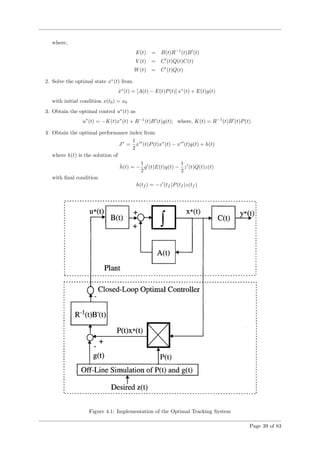 where,
E(t) = B(t)R−1
(t)B (t)
V (t) = C (t)Q(t)C(t)
W(t) = C (t)Q(t)
2. Solve the optimal state x∗
(t) from
˙x∗
(t) = [A(t) − E(t)P(t)] x∗
(t) + E(t)g(t)
with initial condition x(t0) = x0
3. Obtain the optimal control u∗
(t) as
u∗
(t) = −K(t)x∗
(t) + R−1
(t)B (t)g(t); where, K(t) = R−1
(t)B (t)P(t)
4. Obtain the optimal performance index from
J∗
=
1
2
x∗
(t)P(t)x∗
(t) − x∗
(t)g(t) + h(t)
where h(t) is the solution of
˙h(t) = −
1
2
g (t)E(t)g(t) −
1
2
z (t)Q(t)z(t)
with ﬁnal condition
h(tf ) = −z (tf )P(tf )z(tf )
Figure 4.1: Implementation of the Optimal Tracking System
Page 39 of 83
 
