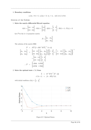 3. Boundary conditions
x1(k0 = 0) = 5, x2(k0) = 3, kf = ∞, and x(∞) is free.
Solution of the Problem:
1. Solve the matrix diﬀerential Riccati equation
A(k) =

0.8 1.0
0.0 0.6

 ; B(k) =

1.0
0.5

 ; Q(k) =

1 0
0 1

 ; R(k) = 1; F(kf ) = 0
Let ¯P be the 2 × 2 symmetric matrix
¯P =

¯p11 ¯p12
¯p12 ¯p22


The solution of the matrix DRE
¯P = A ¯P I + BR−1
B ¯P
−1
A + Q

¯p11 ¯p12
¯p12 ¯p22

 =

0.8 1.0
0.0 0.6



¯p11 ¯p12
¯p12 ¯p22






1 0
0 1

 +

 1 0.5
0.5 0.25



¯p11 ¯p12
¯p12 ¯p22





−1
+

0.8 1.0
0.0 0.6



1 0
0 1


∴ ¯P =

1.3944 0.3738
0.3738 1.7803


2. Solve the optimal state x∗
(k) from
¯L = R−1
B A
−1
[ ¯P − Q]
x∗
(k + 1) = [A − B ¯L]x∗
(k)
with initial condition x(k0) = 5 3
Figure 6.7: Optimal States
Page 66 of 83
 