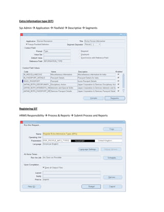 Extra Information type (EIT)
Sys Admin  Application  Flexfield  Descriptive  Segments

Registering EIT
HRMS Responsibility  Process & Reports  Submit Process and Reports

 