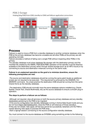 Process
Failover is used to move a PDB from a standby database to another container database when the
PDB at the primary database has become unusable and all other PDBs at the primary are still
operating normally.
Failover provides a method of failing over a single PDB without impacting other PDBs in the
primary.
The standby database must share database
fi
le storage with the destination primary and the
manifest
fi
le created by the DBMS_PDB.DESCRIBE operation at the standby must be directory
available to the destination primary either through shared storage (such as an NFS mount) or by
connecting to source and destination instances running on the same node.
Failover is an unplanned operation so the goal is to minimize downtime, ensure the
following prerequisites are met:
-The source and destination databases should be running the same patch levels so additional
scripts are not required to be executed. This requirement is enforced by the DGMGRL CLI
MIGRATE command. As a best practice the destination CDB should be running from the same
Oracle Home as the standby database.
-The destination CDB should minimally have the same database options installed (e.g. Oracle
Spatial, Oracle Text, Oracle Multimedia, etc) as the source database to ensure a smooth plug-in
operation.
The steps to perform a failover are as follows:
-Although not required, stop all services on both the source primary database and any standby
database(s) pertaining to the PDB to be migrated
-If the source con
fi
guration has standby databases running in Active Data Guard mode and you
do not have Patch 25616359applied, close the PDB on all instances of those standbys.
If they are not closed, redo apply will fail and cannot be successfully restarted until the PDB is
closed allowing redo apply to process the PDB drop.
-Start a dgmgrl session connecting to the source con
fi
guration standby database.
You must connect to the source database as SYSDBA using something similar to the following:
$ dgmgrl
 