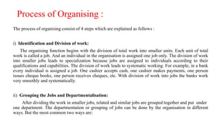 Process of Organising :
The process of organising consist of 4 steps which are explained as follows :
i) Identification and Division of work:
The organising function begins with the division of total work into smaller units. Each unit of total
work is called a job. And an individual in the organisation is assigned one job only. The division of work
into smaller jobs leads to specialization because jobs are assigned to individuals according to their
qualifications and capabilities. The division of work leads to systematic working. For example, in a bank
every individual is assigned a job. One cashier accepts cash, one cashier makes payments, one person
issues cheque books, one person receives cheques, etc. With division of work into jobs the banks work
very smoothly and systematically.
ii) Grouping the Jobs and Departmentalisation:
After dividing the work in smaller jobs, related and similar jobs are grouped together and put under
one department. The departmentation or grouping of jobs can be done by the organisation in different
ways. But the most common two ways are:
 