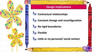 Contractual relationships
Constant change and reconfiguration
No rigid boundaries
Flexible
Little or no personal/ social contact
Design Implications
 